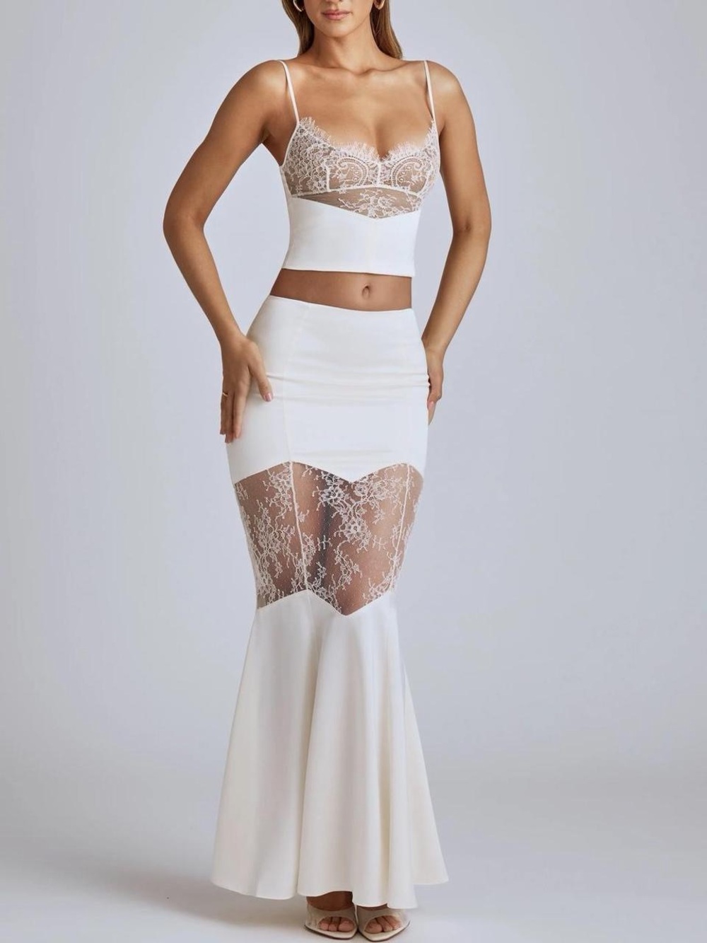 Oh Polly Bria Lace Panel Cami Top + Sofie Fishtail Maxi Skirt Set Size 2